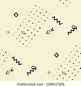 Modern Memphis Pattern. Seamless Background for Wallpaper, Fabric, Swimwear in Trendy Style. Colorful Geometric Pattern with Hand Drawn Scribble Elements. Colorful Triangles, Rings, Zigzags and Dots.