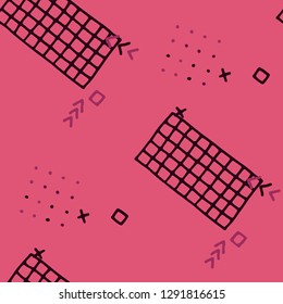 Modern Memphis Pattern. Seamless Background for Card, Poster, Cover in Trendy Style. Colorful Geometric Pattern with Hand Drawn Scribble Elements. Colorful Triangles, Rings, Zigzags and Dots.