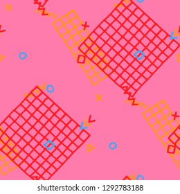 Modern Memphis Pattern. Seamless Background for Wallpaper, Calico, Fabric in Trendy Style. Colorful Geometric Pattern with Hand Drawn Scribble Elements. Colorful Triangles, Rings, Zigzags and Dots.