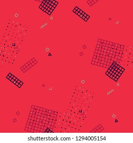 Modern Memphis Pattern. Seamless Background for Banner, Fabric, Cloth in Trendy Style. Colorful Geometric Pattern with Hand Drawn Scribble Elements. Colorful Triangles, Rings, Zigzags and Dots.