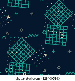 Modern Memphis Pattern. Seamless Background for Banner, Poster, Cover in Trendy Style. Colorful Geometric Pattern with Hand Drawn Scribble Elements. Colorful Triangles, Rings, Zigzags and Dots.