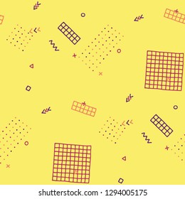 Modern Memphis Pattern. Seamless Background for Card, Banner, Cover in Trendy Style. Bright Geometric Pattern with Hand Drawn Scribble Elements. Colorful Triangles, Rings, Zigzags and Dots.