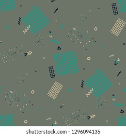 Modern Memphis Pattern. Seamless Background for Card, Banner, Cover in Trendy Style. Bright Geometric Pattern with Hand Drawn Scribble Elements. Colorful Triangles, Rings, Zigzags and Dots.