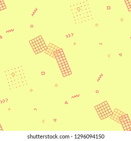 Modern Memphis Pattern. Seamless Background for Wallpaper, Fabric, Swimwear in Trendy Style. Bright Geometric Pattern with Hand Drawn Scribble Elements. Colorful Triangles, Rings, Zigzags and Dots.