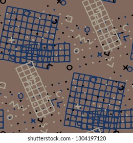 Modern Memphis Pattern. Seamless Background for Chintz, Cotton, Swimwear in Trendy Style. Bright Geometric Pattern with Hand Drawn Scribble Elements. Colorful Triangles, Rings, Zigzags and Dots.