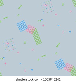 Modern Memphis Pattern. Seamless Background for Banner, Fabric, Cloth in Trendy Style. Bright Geometric Pattern with Hand Drawn Scribble Elements. Colorful Triangles, Rings, Zigzags and Dots.