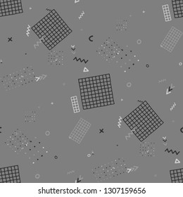 Modern Memphis Pattern. Seamless Background for Card, Poster, Cover in Trendy Style. Bright Geometric Pattern with Hand Drawn Scribble Elements. Colorful Triangles, Rings, Zigzags and Dots.