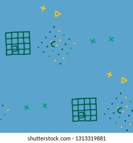 Modern Memphis Pattern. Seamless Background for Wallpaper, Fabric, Cloth in Trendy Style. Colorful Geometric Pattern with Hand Drawn Scribble Elements. Colorful Triangles, Rings, Zigzags and Dots.