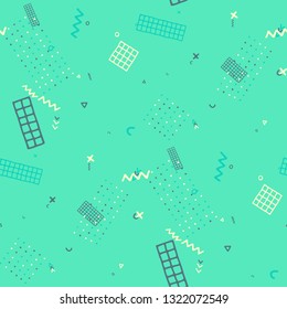 Modern Memphis Pattern. Seamless Background for Wallpaper, Print, Textile in Trendy Style. Bright Geometric Pattern with Hand Drawn Scribble Elements. Colorful Triangles, Rings, Zigzags and Dots.