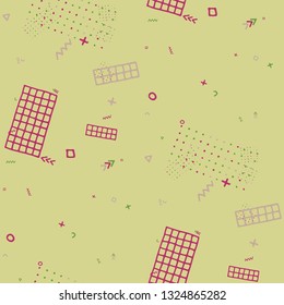 Modern Memphis Pattern. Seamless Background for Banner, Poster, Cover in Trendy Style. Colorful Geometric Pattern with Hand Drawn Scribble Elements. Colorful Triangles, Rings, Zigzags and Dots.