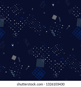 Modern Memphis Pattern. Seamless Background for Wallpaper, Fabric, Swimwear in Trendy Style. Bright Geometric Pattern with Hand Drawn Scribble Elements. Colorful Triangles, Rings, Zigzags and Dots.