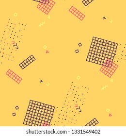 Modern Memphis Pattern. Seamless Background for Wallpaper, Calico, Fabric in Trendy Style. Colorful Geometric Pattern with Hand Drawn Scribble Elements. Colorful Triangles, Rings, Zigzags and Dots.