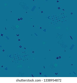 Modern Memphis Pattern. Seamless Background for Chintz, Cotton, Swimwear in Trendy Style. Colorful Geometric Pattern with Hand Drawn Scribble Elements. Colorful Triangles, Rings, Zigzags and Dots.