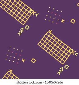 Modern Memphis Pattern. Seamless Background for Card, Banner, Cover in Trendy Style. Bright Geometric Pattern with Hand Drawn Scribble Elements. Colorful Triangles, Rings, Zigzags and Dots.
