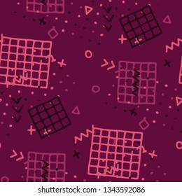 Modern Memphis Pattern. Seamless Background for Chintz, Cotton, Fabric in Trendy Style. Colorful Geometric Pattern with Hand Drawn Scribble Elements. Colorful Triangles, Rings, Zigzags and Dots.