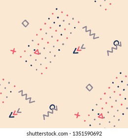 Modern Memphis Pattern. Seamless Background for Wallpaper, Cotton, Swimwear in Trendy Style. Colorful Geometric Pattern with Hand Drawn Scribble Elements. Colorful Triangles, Rings, Zigzags and Dots.