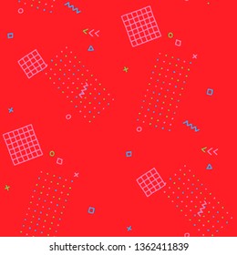 Modern Memphis Pattern. Seamless Background for Card, Poster, Cover in Trendy Style. Colorful Geometric Pattern with Hand Drawn Scribble Elements. Colorful Triangles, Rings, Zigzags and Dots.
