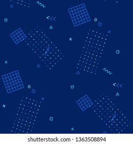 Modern Memphis Pattern. Seamless Background for Chintz, Calico, Fabric in Trendy Style. Bright Geometric Pattern with Hand Drawn Scribble Elements. Colorful Triangles, Rings, Zigzags and Dots.