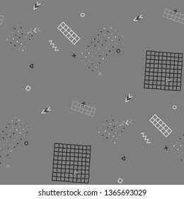 Modern Memphis Pattern. Seamless Background for Chintz, Cotton, Fabric in Trendy Style. Colorful Geometric Pattern with Hand Drawn Scribble Elements. Colorful Triangles, Rings, Zigzags and Dots.