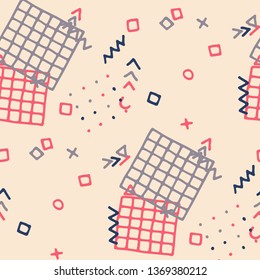 Modern Memphis Pattern. Seamless Background for Chintz, Calico, Fabric in Trendy Style. Bright Geometric Pattern with Hand Drawn Scribble Elements. Colorful Triangles, Rings, Zigzags and Dots.