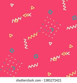 Modern Memphis Pattern. Seamless Background for Chintz, Calico, Fabric in Trendy Style. Colorful Geometric Pattern with Hand Drawn Scribble Elements. Colorful Triangles, Rings, Zigzags and Dots.