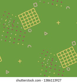 Modern Memphis Pattern. Seamless Background for Banner, Fabric, Cloth in Trendy Style. Colorful Geometric Pattern with Hand Drawn Scribble Elements. Colorful Triangles, Rings, Zigzags and Dots.