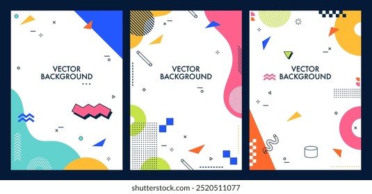 Modern Memphis posters with abstract geometric shapes. Vibrant vector backgrounds, vertical covers or cards with bold colors and playful patterns, dynamic visual composition with retro-futuristic vibe