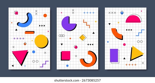 Carteles y fondos modernos de Memphis con Formas geométricas abstractas, colores brillantes, patrones simples y sensaciones retro de los años 80, ideales para tarjetas o Plantillas de historias. Ilustración vectorial