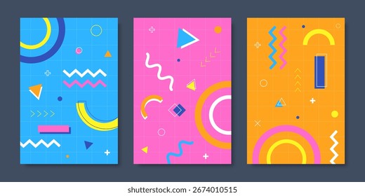 Modern Memphis posters and backgrounds with abstract geometric shapes, bright colors, simple patterns, and retro 80s feels, ideal for cards or story templates. Vector illustration