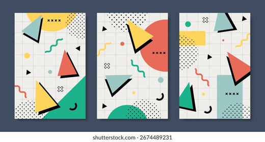 Carteles y fondos modernos de Memphis con Formas geométricas abstractas, colores brillantes, patrones simples y sensaciones retro de los años 80, ideales para tarjetas o Plantillas de historias. Ilustración vectorial