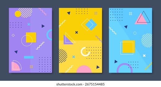 Carteles y fondos modernos de Memphis con Formas geométricas abstractas, colores brillantes, patrones simples y sensaciones retro de los años 80, ideales para tarjetas o Plantillas de historias. Ilustración vectorial