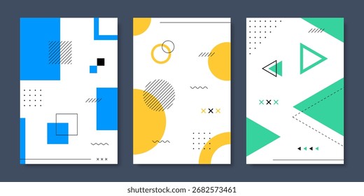 Carteles y fondos modernos de Memphis con Formas geométricas abstractas, colores brillantes, patrones simples y sensaciones retro de los años 80, ideales para tarjetas o Plantillas de historias. Ilustración vectorial