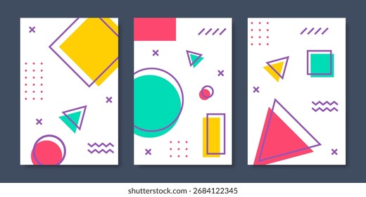 Cartazes e fundos modernos de Memphis com formas geométricas abstratas, cores brilhantes, padrões simples e retro dos anos 80, ideais para cartões ou modelos de história. Ilustração vetorial