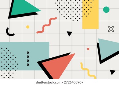 Modern Memphis posters and backgrounds with abstract geometric shapes, bright colors, simple patterns, and retro 80s feels. Vector Illustration