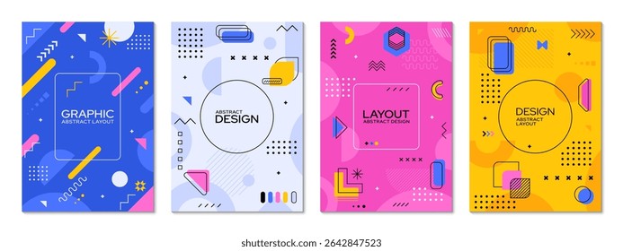 Modern Memphis posters, cover backgrounds with abstract geometric shapes. Vector playful cards or story post templates, feature vibrant colors, simple patterns in retro modern style of the 1980s