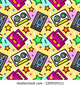 Modern memphis seamless pattern with old audio and video cassette, retro vector illustration in trendy colors 90s style