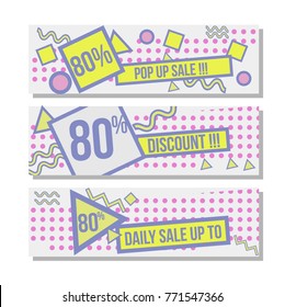 modern memphis style design banner template with minimalist pattern and pop art color space designed for sale, discount and daily deal shop