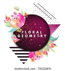 Modern, memphis style, geometric, pop, banner, brochure, advertisement, flyer. Geometric figures, beautiful abstract flowers and figures zebra lines, dots and burgundy circle frame with gold glitter