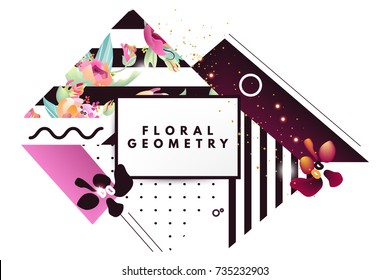 Modern, memphis style, geometric, pop, banner, brochure, advertisement, flyer. Geometric figures, beautiful abstract flowers pattern, figures with zebra lines, dots and frame with gold glitter