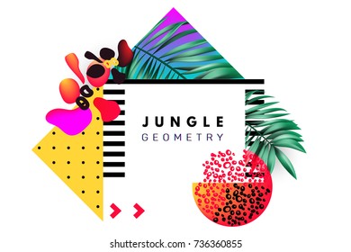 Modern, memphis style, geometric, pop, banner, brochure, flyer. Geometric figures, abstract flowers, realistic palm leaves and figures zebra stripes, dots. Neon jungle, electric tropical background