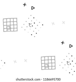 Modern Memphis Texture.  Background for Card, Print, Textile in Trendy Style. Bright Geometric Pattern with Hand Drawn Scribble Elements. Colorful Triangles, Rings, Zigzags and Dots.