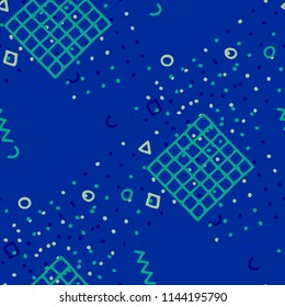 Modern Memphis Texture. Seamless Background for Card, Banner, Cover in Trendy Style. Colorful Geometric Pattern with Hand Drawn Scribble Elements. Colorful Triangles, Rings, Zigzags and Dots.