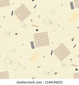 Modern Memphis Texture. Seamless Background for Banner, Poster, Cover in Trendy Style. Bright Geometric Pattern with Hand Drawn Scribble Elements. Colorful Triangles, Rings, Zigzags and Dots.