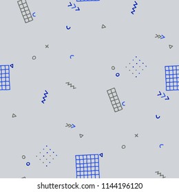 Modern Memphis Texture. Seamless Background for Card, Banner, Cover in Trendy Style. Colorful Geometric Pattern with Hand Drawn Scribble Elements. Colorful Triangles, Rings, Zigzags and Dots.