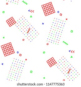 Modern Memphis Texture. Seamless Background for Wallpaper, Fabric, Swimwear in Trendy Style. Colorful Geometric Pattern with Hand Drawn Scribble Elements. Colorful Triangles, Rings, Zigzags and Dots.