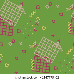 Modern Memphis Texture. Seamless Background for Banner, Fabric, Cloth in Trendy Style. Colorful Geometric Pattern with Hand Drawn Scribble Elements. Colorful Triangles, Rings, Zigzags and Dots.