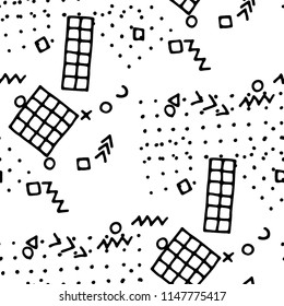 Modern Memphis Texture. Seamless Background for Banner, Poster, Cloth in Trendy Style. Bright Geometric Pattern with Hand Drawn Scribble Elements. Black and White Triangles, Zigzags and Dots.
