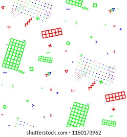 Modern Memphis Texture. Seamless Background for Chintz, Cotton, Swimwear in Trendy Style. Bright Geometric Pattern with Hand Drawn Scribble Elements. Colorful Triangles, Rings, Zigzags and Dots.