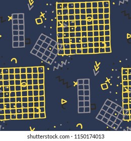Modern Memphis Texture. Seamless Background for Chintz, Cotton, Swimwear in Trendy Style. Bright Geometric Pattern with Hand Drawn Scribble Elements. Colorful Triangles, Rings, Zigzags and Dots.