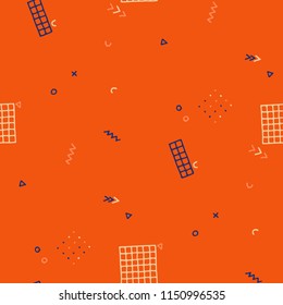 Modern Memphis Texture. Seamless Background for Banner, Poster, Cover in Trendy Style. Bright Geometric Pattern with Hand Drawn Scribble Elements. Colorful Triangles, Rings, Zigzags and Dots.
